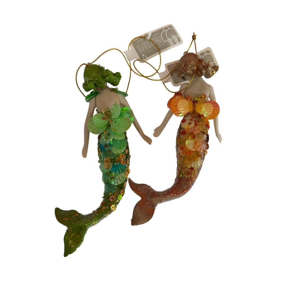 Allstate Mermaid Holiday Ornaments Orange & Green Sequined 6.5 Inch Set Of 2 - Picture 4 of 5